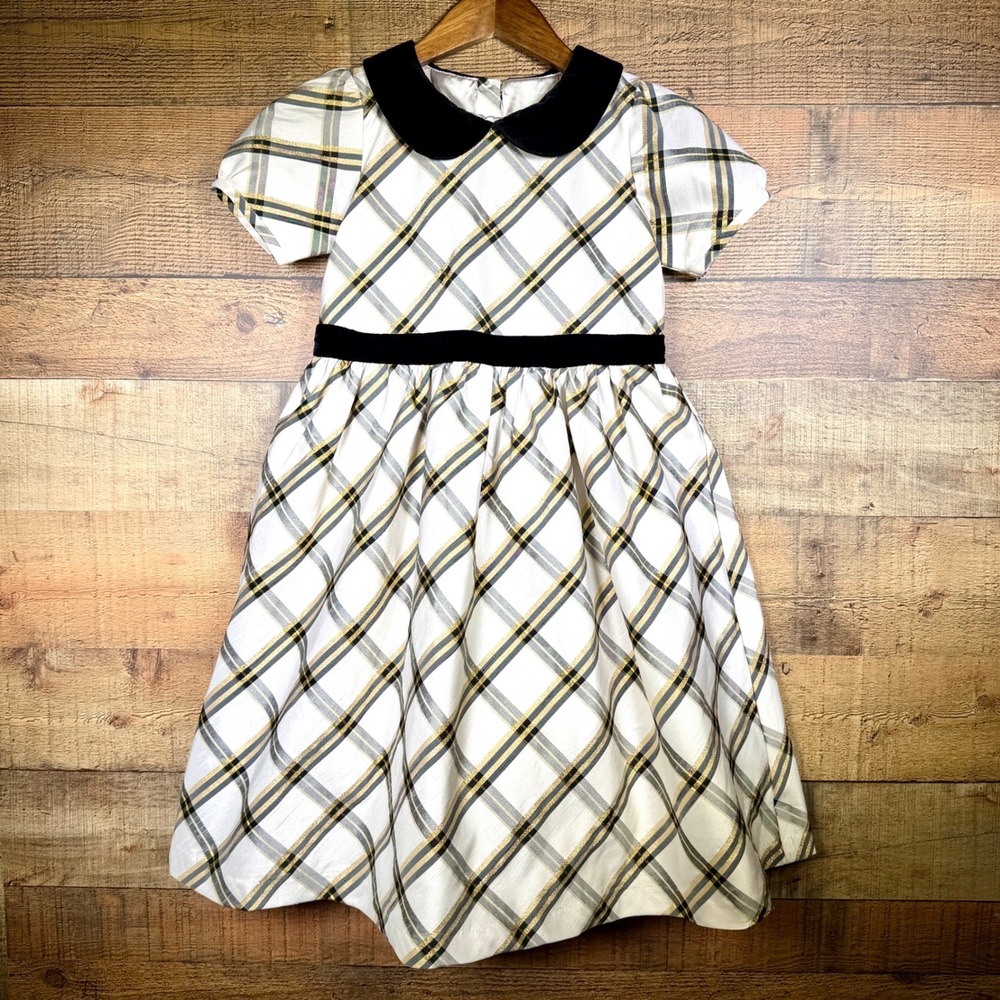 Gymboree Plaid Holiday Dress Gold Metallic Velvet Collar Ivoryβ Black Size 10